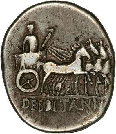 "De Britannis" Below Emperor Driving Quadriga on Reverse of Roman Silver Didrachm of Claudius