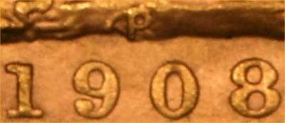 1908 Edward VII Sovereign - Struck at the Perth mint, Australia, the P mint mark for Perth is located in the ground above the year date on the reverse