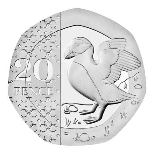 Puffin bird with wings stretched out 20 pence coin